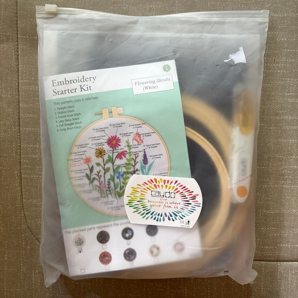 Caydo 3 Sets Embroidery Starter Kit Floral Botanical Patterns Hoops Tools NEW